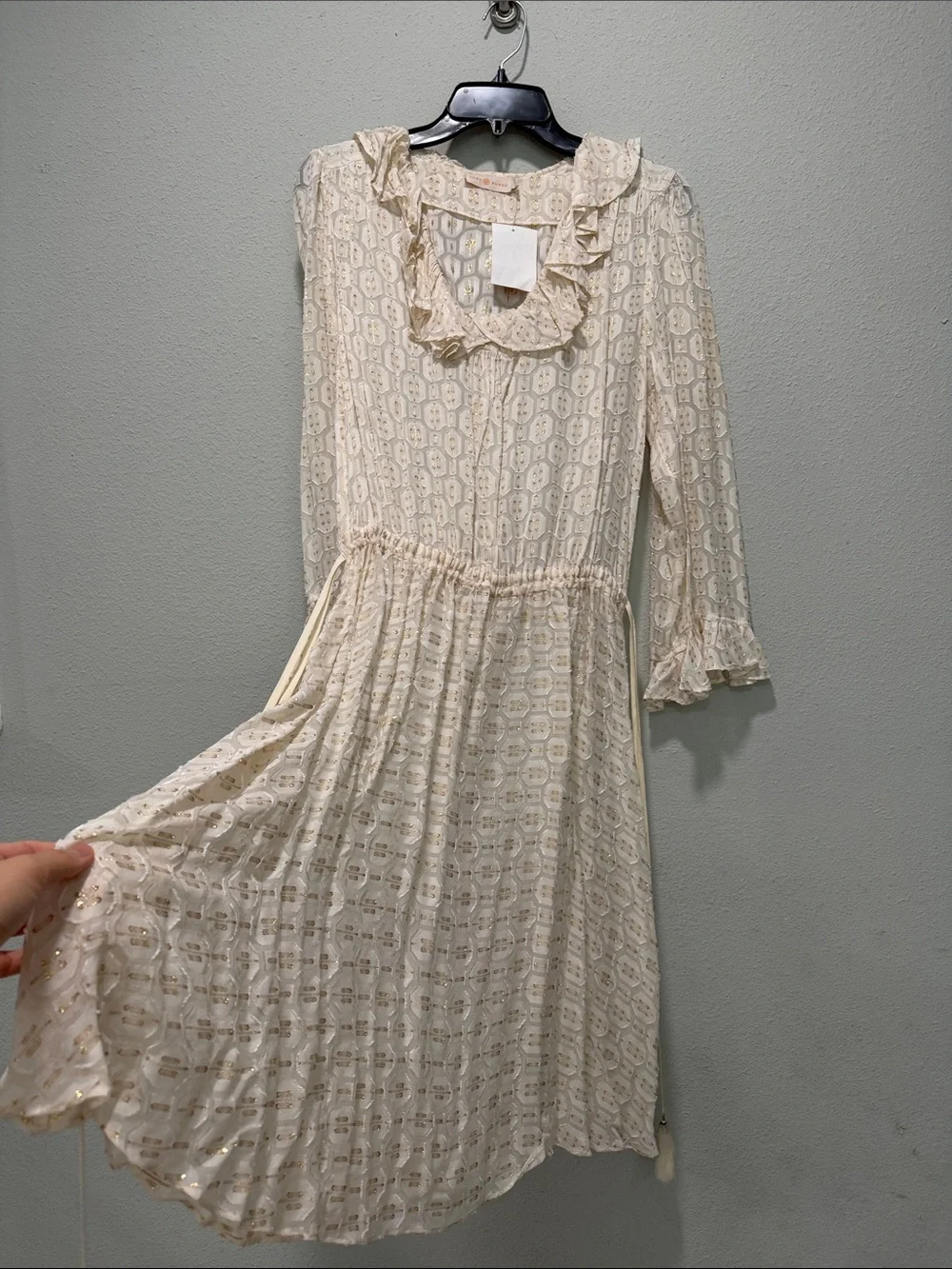 Tory Burch Cream Ruffle-Neck Long Sleeve Dress
